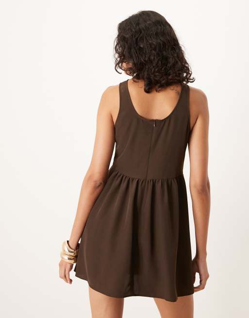 ASOS DESIGN satin slip scoop back mini dress in chocolate, 2 of 4