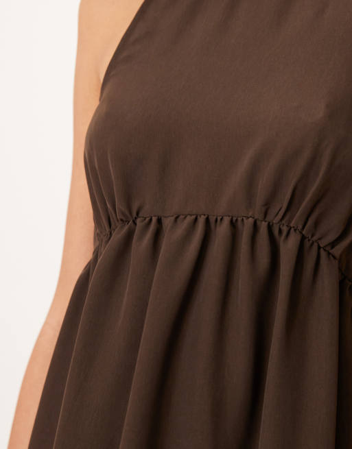 ASOS DESIGN satin slip scoop back mini dress in chocolate, 3 of 4