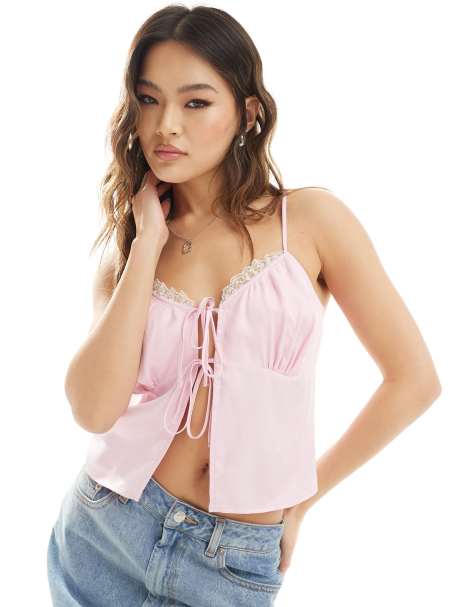 ASOS DESIGN satin split front cami top in soft pink - view 1
