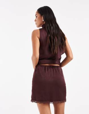 Asos Design Satin Split Front Lace Trim Mini Skirt-no Color In Burgundy