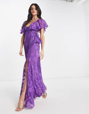 Asos Design Satin Spot Flutter Sleeve Maxi Dress With Open Back In Purple