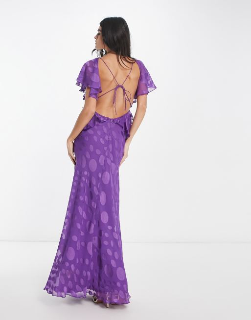 ASOS DESIGN satin spot flutter sleeve maxi dress with open back in purple