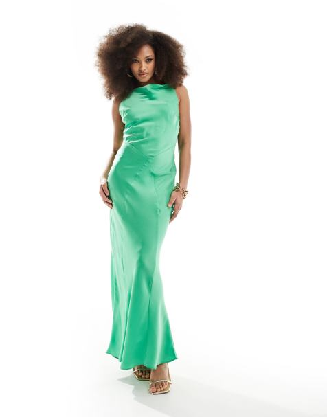 Jade Green Satin Square Neck Ruched Dress, AX Paris