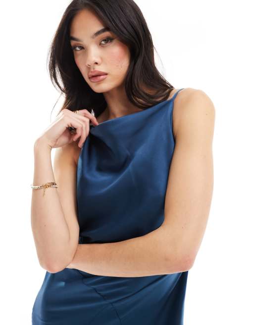 ASOS DESIGN satin square neck midi dress with cowl back detail in dark blue