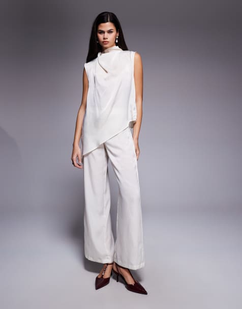 ASOS DESIGN satin straight leg co-ord trouser in cream - view 1