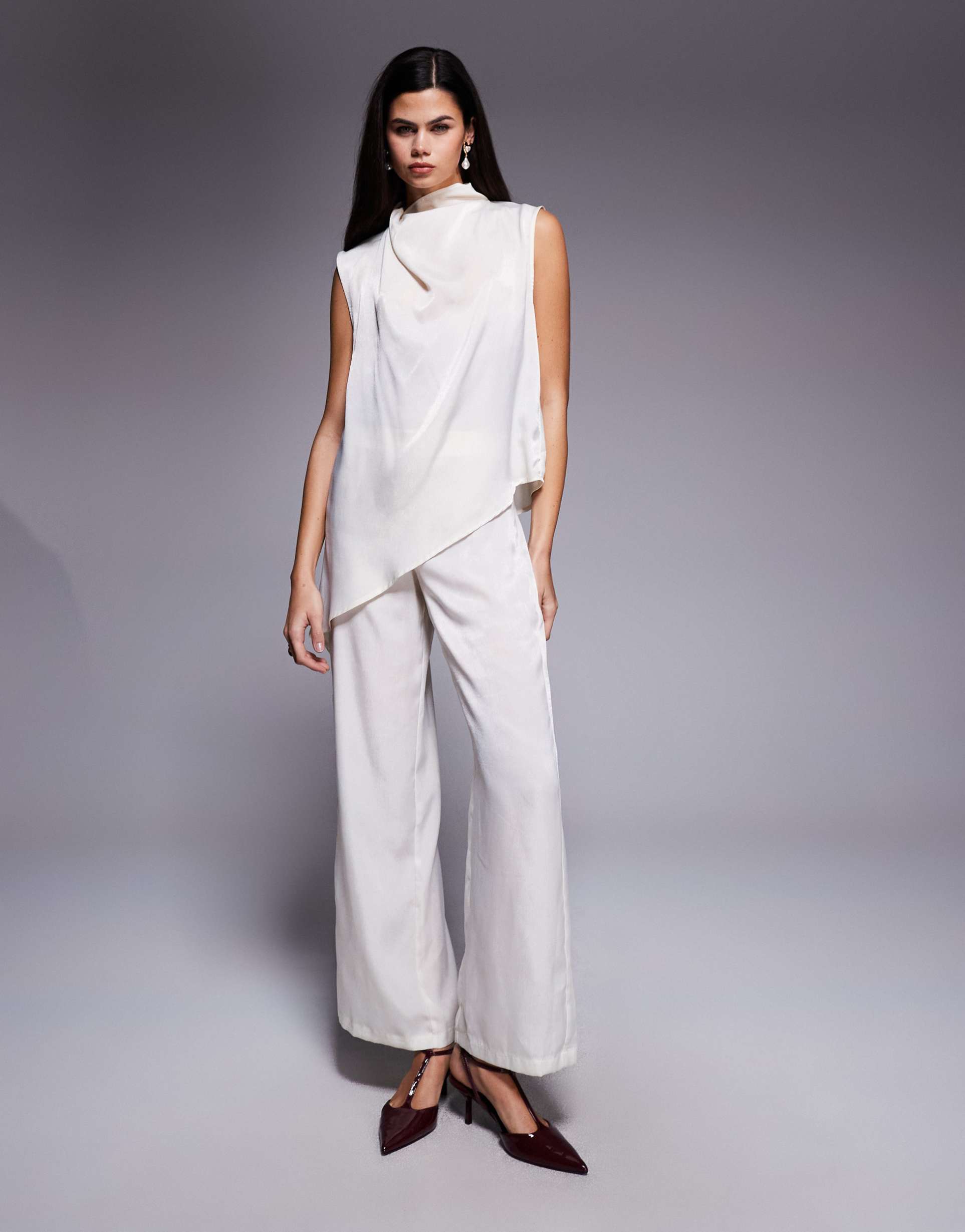 asos design satin straight leg pants in cream - part of a set