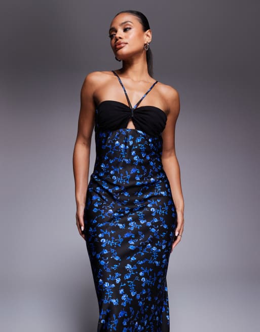 ASOS DESIGN satin strappy halter maxi dress with contrast bust in dark blue ditsy print, 3 of 4