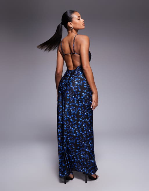 ASOS DESIGN satin strappy halter maxi dress with contrast bust in dark blue ditsy print, 4 of 4