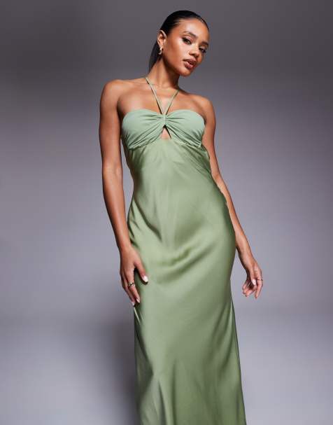 ASOS DESIGN satin strappy halter maxi dress with contrast bust in sage green - view 1