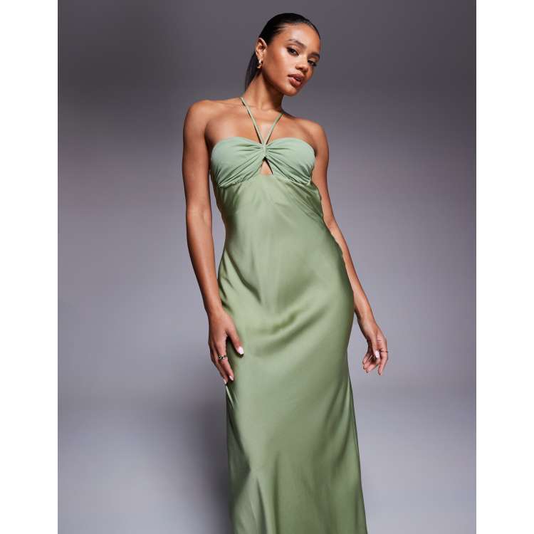 ASOS DESIGN satin strappy halter maxi dress with contrast bust in sage  green | ASOS