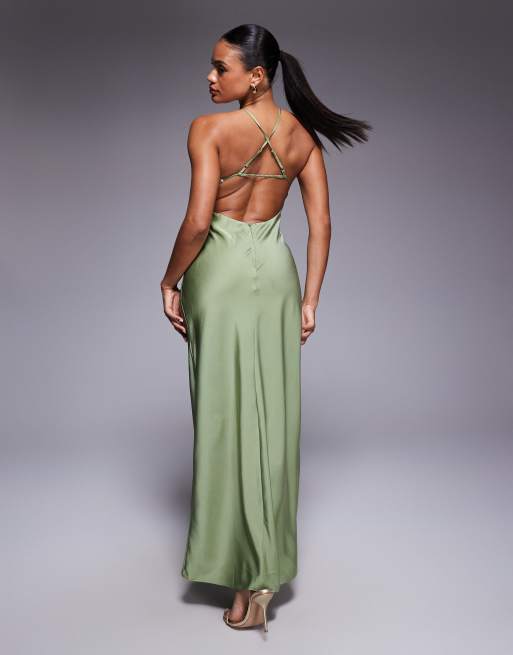 ASOS DESIGN satin strappy halter maxi dress with contrast bust in sage green