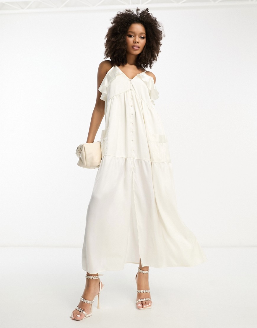 ASOS DESIGN satin strappy smock midi dress with tier hem and button front in ivory-White