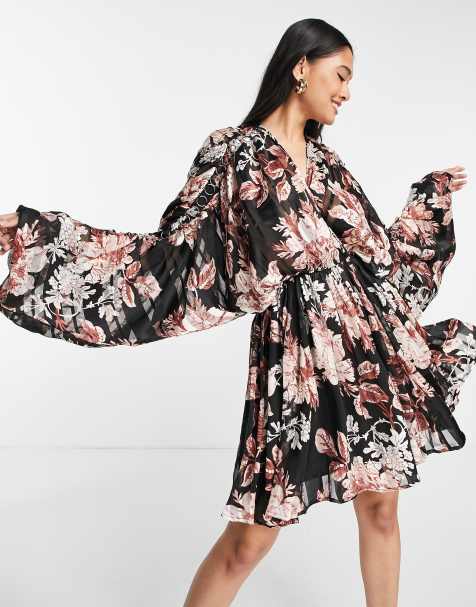 ASOS DESIGN satin stripe blouson mini dress with ring detail in floral print  - view 1