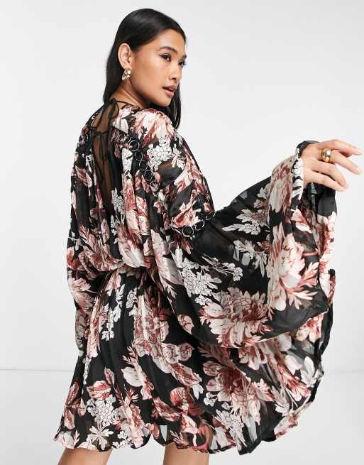 ASOS DESIGN satin stripe blouson mini dress with ring detail in floral print , 2 of 4
