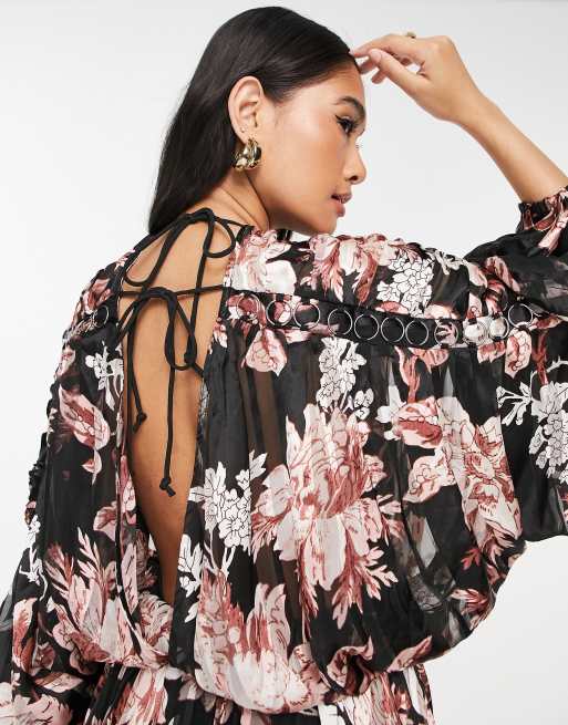 ASOS DESIGN satin stripe blouson mini dress with ring detail in floral print , 3 of 4