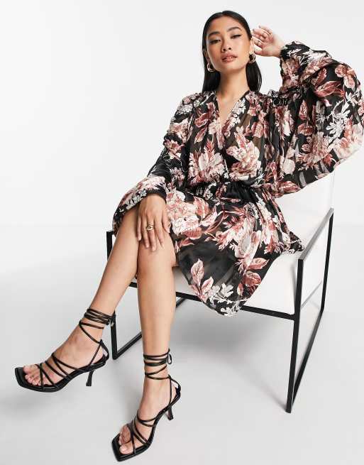 ASOS DESIGN satin stripe blouson mini dress with ring detail in floral print