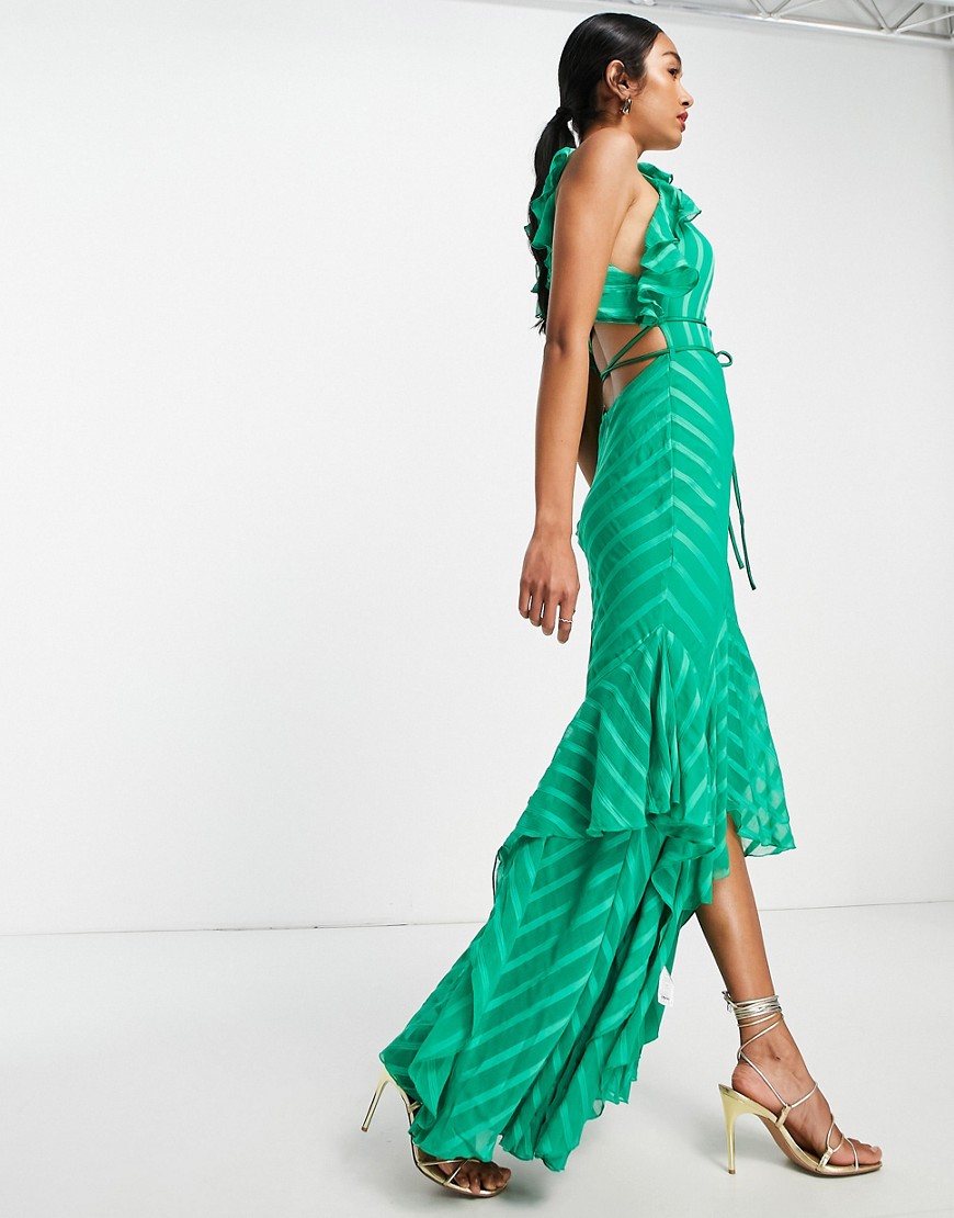 ASOS DESIGN satin stripe halter maxi dress with drape ruffle and tie detail in green
