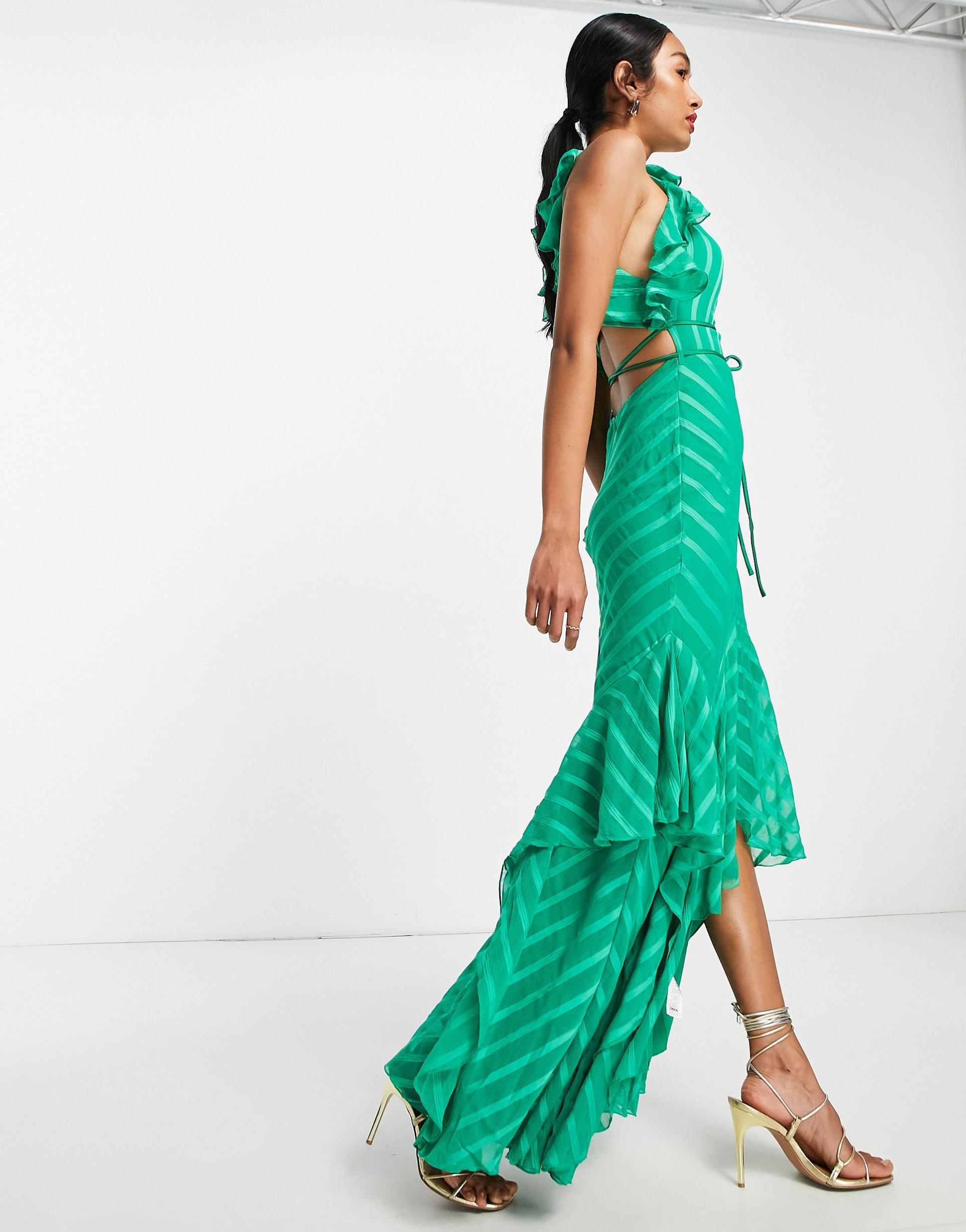 asos design satin stripe halter maxi dress with drape ruffle and tie detail in green