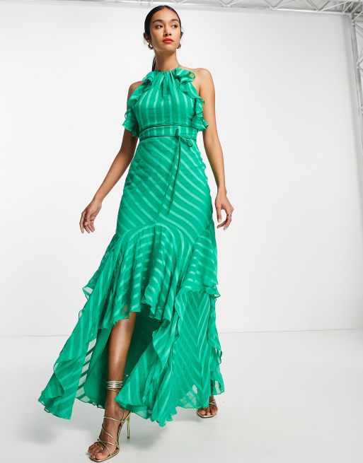 ASOS DESIGN satin stripe halter maxi dress with drape ruffle and tie detail  in green