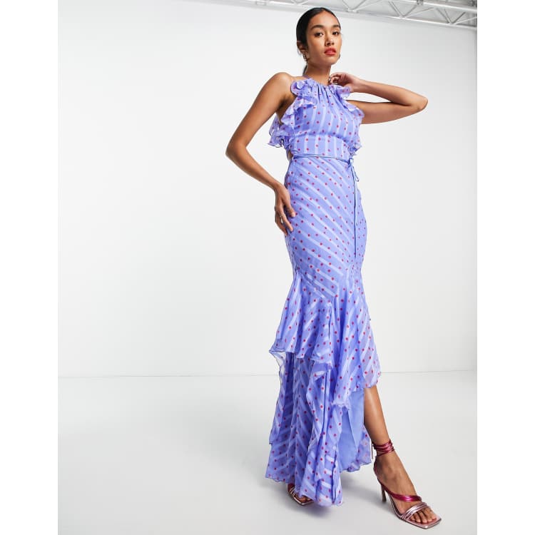 ASOS DESIGN stripe halter maxi dress with drape ruffle and tie detail spot | ASOS