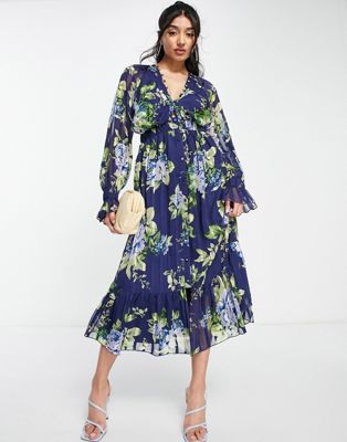 ASOS DESIGN satin stripe midi dress with blouson sleeve and button detail in  navy floral print