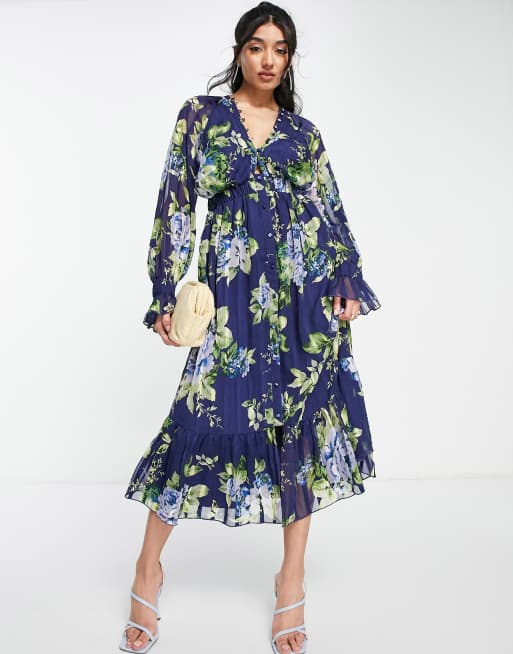 ASOS DESIGN satin stripe midi dress with blouson sleeve and button detail  in navy floral print