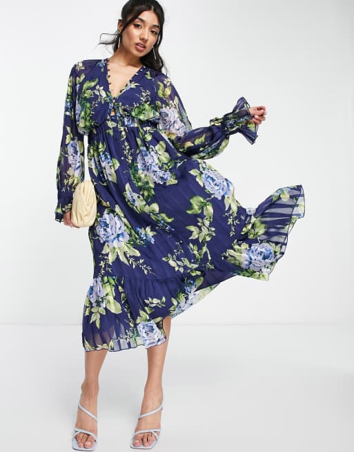 ASOS DESIGN satin stripe midi dress with blouson sleeve and button detail  in navy floral print