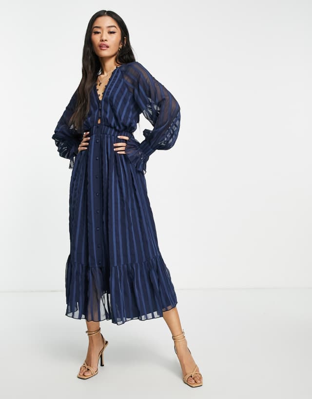 ASOS DESIGN satin stripe midi dress with blouson sleeve and button detail in navy