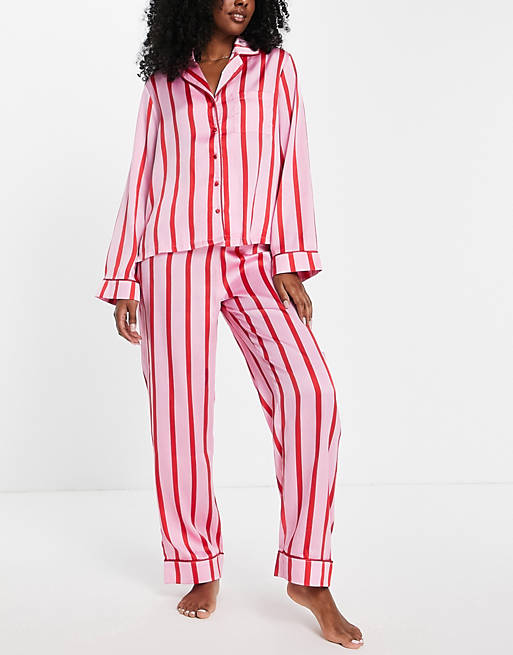 ASOS DESIGN satin stripe shirt & pants pajama set in pink & red