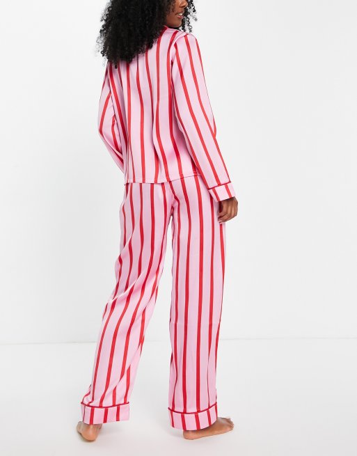 ASOS DESIGN satin stripe shirt & pants pajama set in pink & red