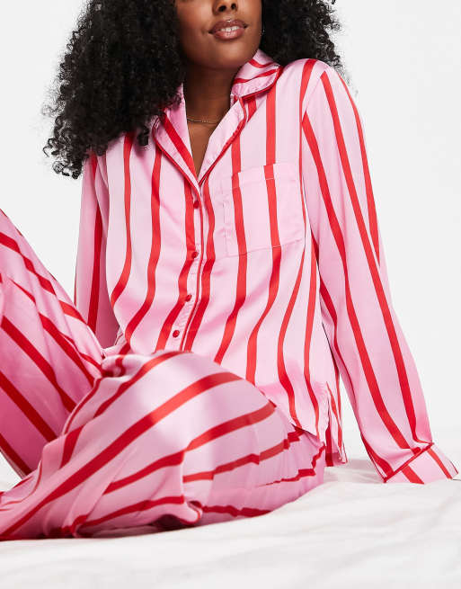 ASOS DESIGN satin stripe shirt trouser pyjama set in pink red