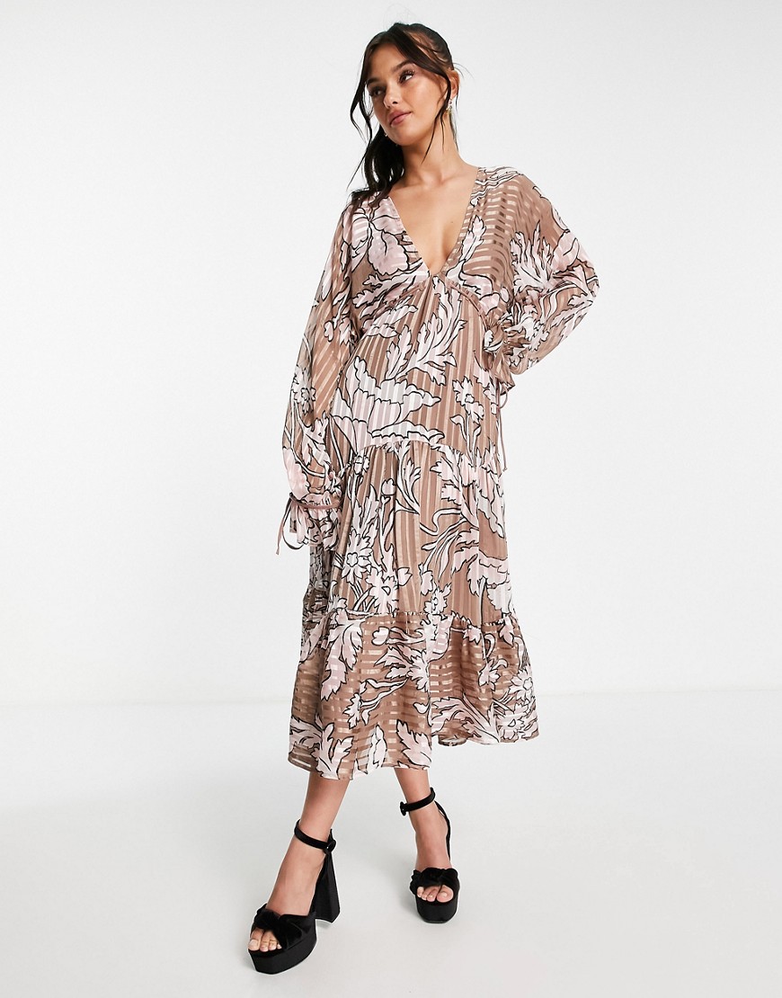 ASOS DESIGN satin stripe tiered midi dress in abstract floral-Multi