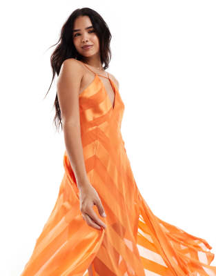 Shop Asos Design Satin Stripe Volume Trapeze Cami Maxi Dress In Orange