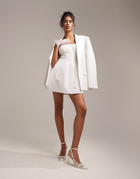 ASOS DESIGN satin structured square neck mini wedding dress in ivory - view 1