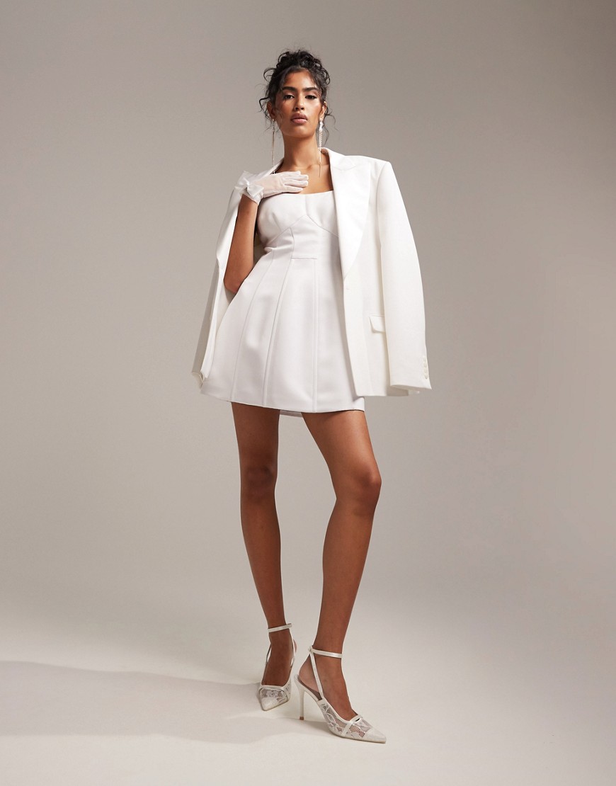 Asos Design Satin Structured Square Neck Mini Wedding Dress In Ivory-white