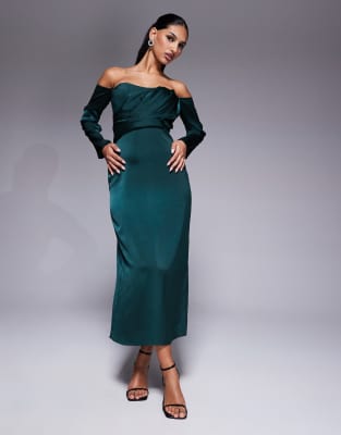 satin sweetheart off the shoulder long sleeve midi dress in forest green