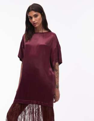 Asos Design Satin T-shirt Hybrid Maxi Dress With Lace Skirt In Red