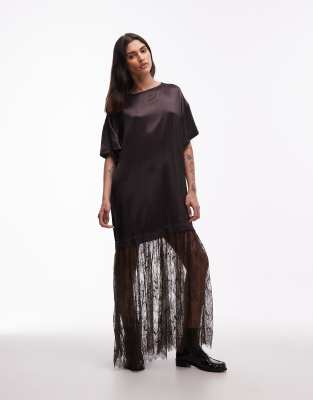 Asos Design Satin T-shirt Hybrid Maxi Dress With Lace Skirt In Brown