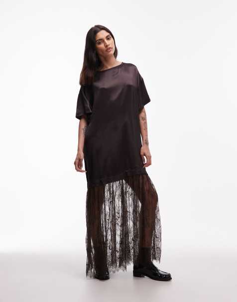 ASOS DESIGN satin t-shirt hybrid maxi dress with lace skirt in deep chocolate - view 1