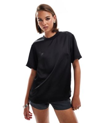 satin T-shirt with ribbed neckline in black