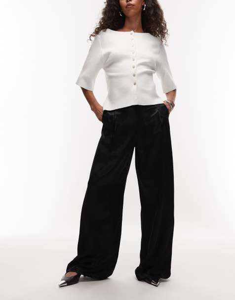 ASOS DESIGN satin tailored wide leg pants in black - view 1