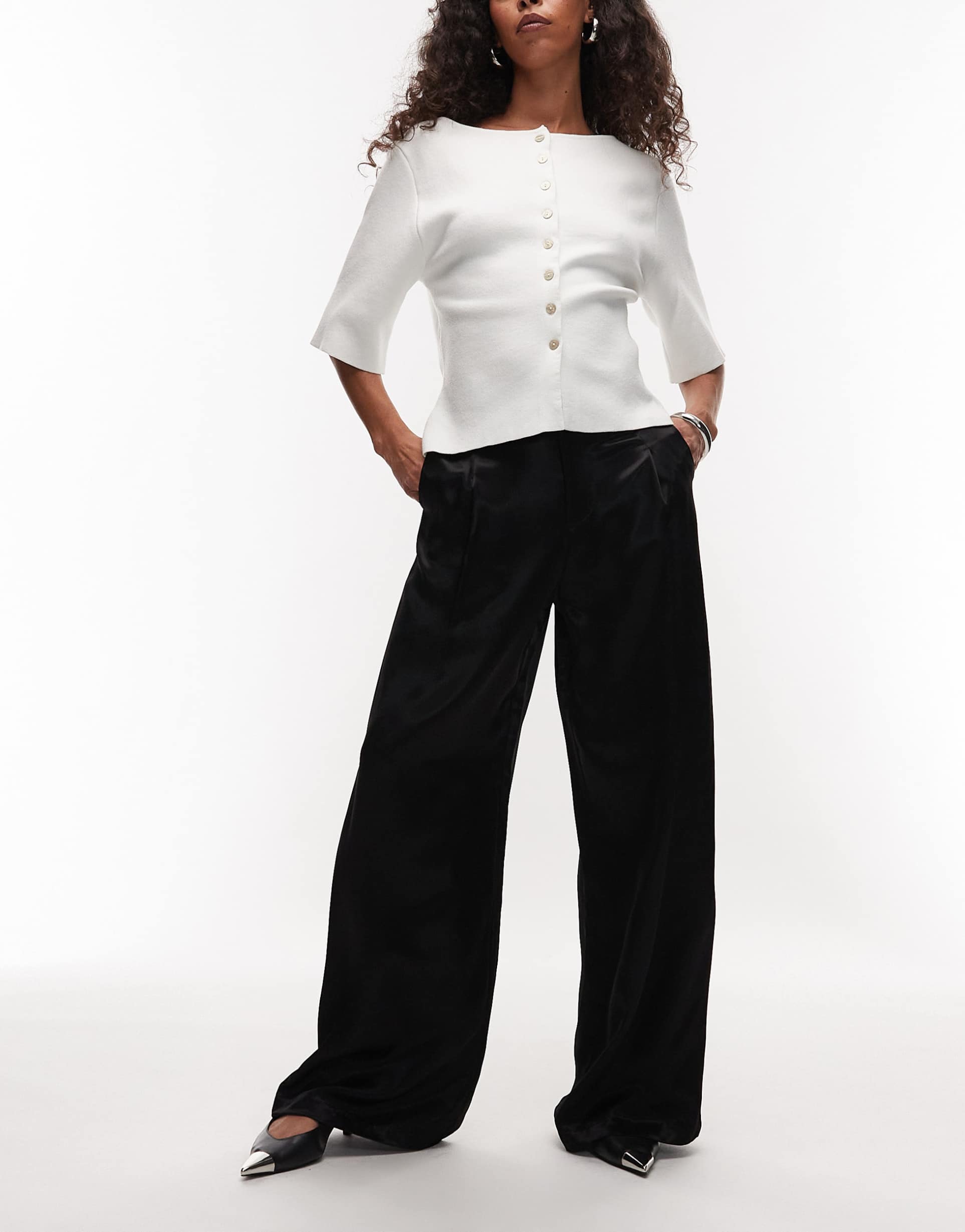 asos design satin tailored wide leg pants in black