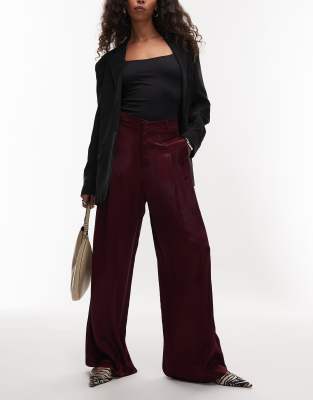 Asos Design Satin Tailored Wide Leg Pants In Burgundy