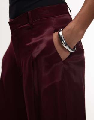 Asos Design Satin Tailored Wide Leg Pants In Burgundy