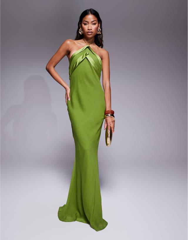 asos green satin dress DESIGN tape halter maxi in ASOS DESIGN extreme one shoulder