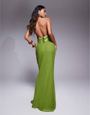 ASOS DESIGN satin tape halter maxi dress in green