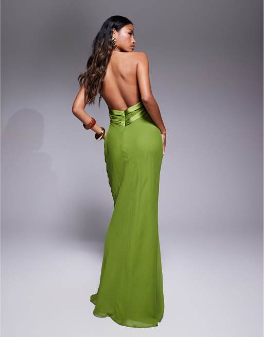 ASOS DESIGN satin tape halter maxi dress in green