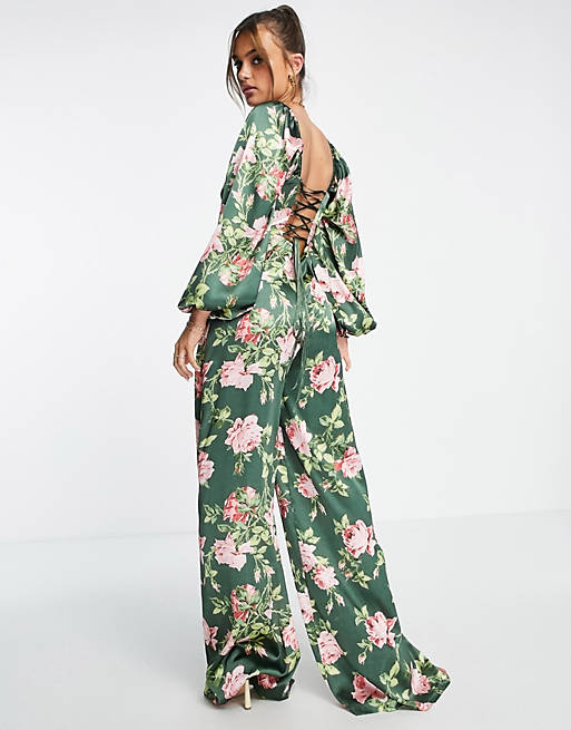 samtale nabo kaldenavn ASOS DESIGN satin tea jumpsuit with lace up back in floral print | ASOS