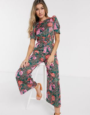 ASOS DESIGN satin tea jumpsuit with ruched front detail in floral print ...