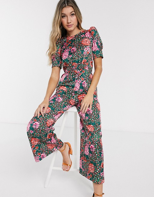 ASOS DESIGN satin tea jumpsuit with ruched front detail in floral print